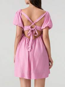 Women Puff Sleeve Babydoll Dress Square Neck Tie Up Mini Sundress Summer Y2k Solid Off Shoulder Flowy Short Dresses - Hồng - Xem 7