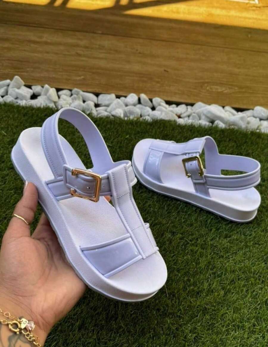 Women's Sandal With Strap And Gold Buckle - 白色 - 查看 1