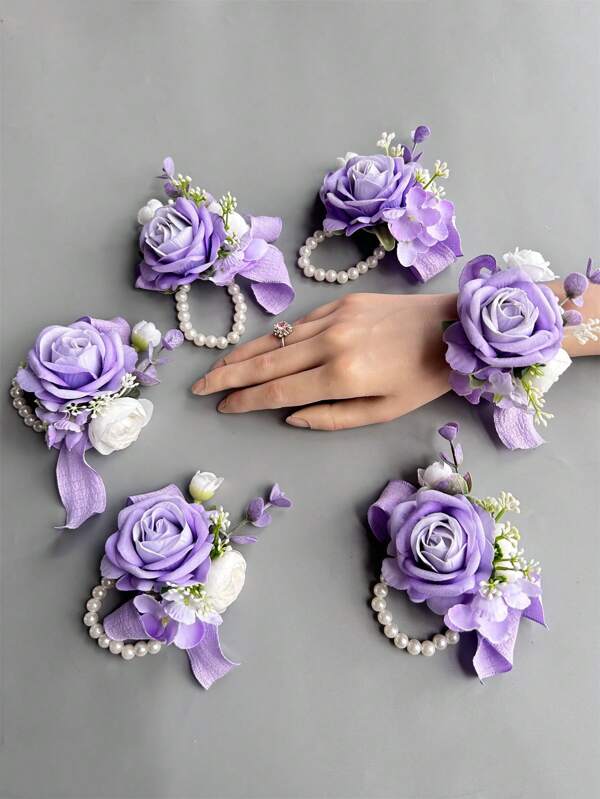 1 قطعة/6 قطع زهور الورد الصناعية سوار العروس ورديات اليد للنساء والأخوات للزينة في الحفلات