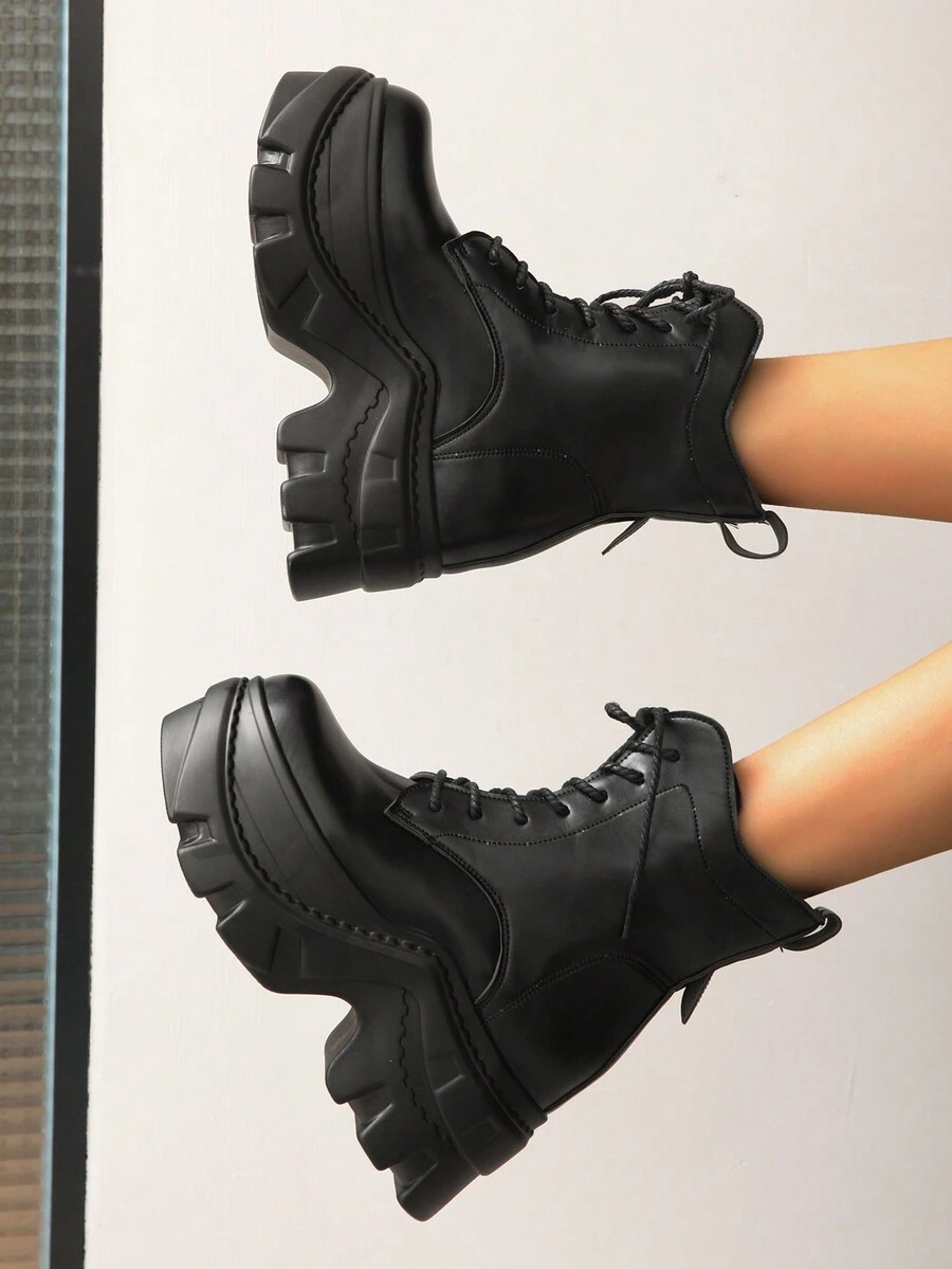 Giày bốt đi mô tô đế dày siêu cao gót mới 2024, bốt ngắn cho phụ nữ nhỏ nhắn, tăng chiều cao 8cm, thoải mái, lót ấm, phong cách thời trang Anh - màu đen - Xem 1