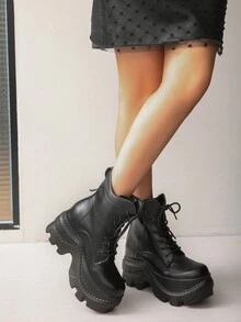 Giày bốt đi mô tô đế dày siêu cao gót mới 2024, bốt ngắn cho phụ nữ nhỏ nhắn, tăng chiều cao 8cm, thoải mái, lót ấm, phong cách thời trang Anh - màu đen - Xem 9