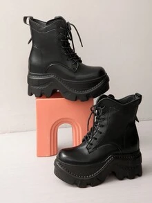 Giày bốt đi mô tô đế dày siêu cao gót mới 2024, bốt ngắn cho phụ nữ nhỏ nhắn, tăng chiều cao 8cm, thoải mái, lót ấm, phong cách thời trang Anh - màu đen - Xem 5