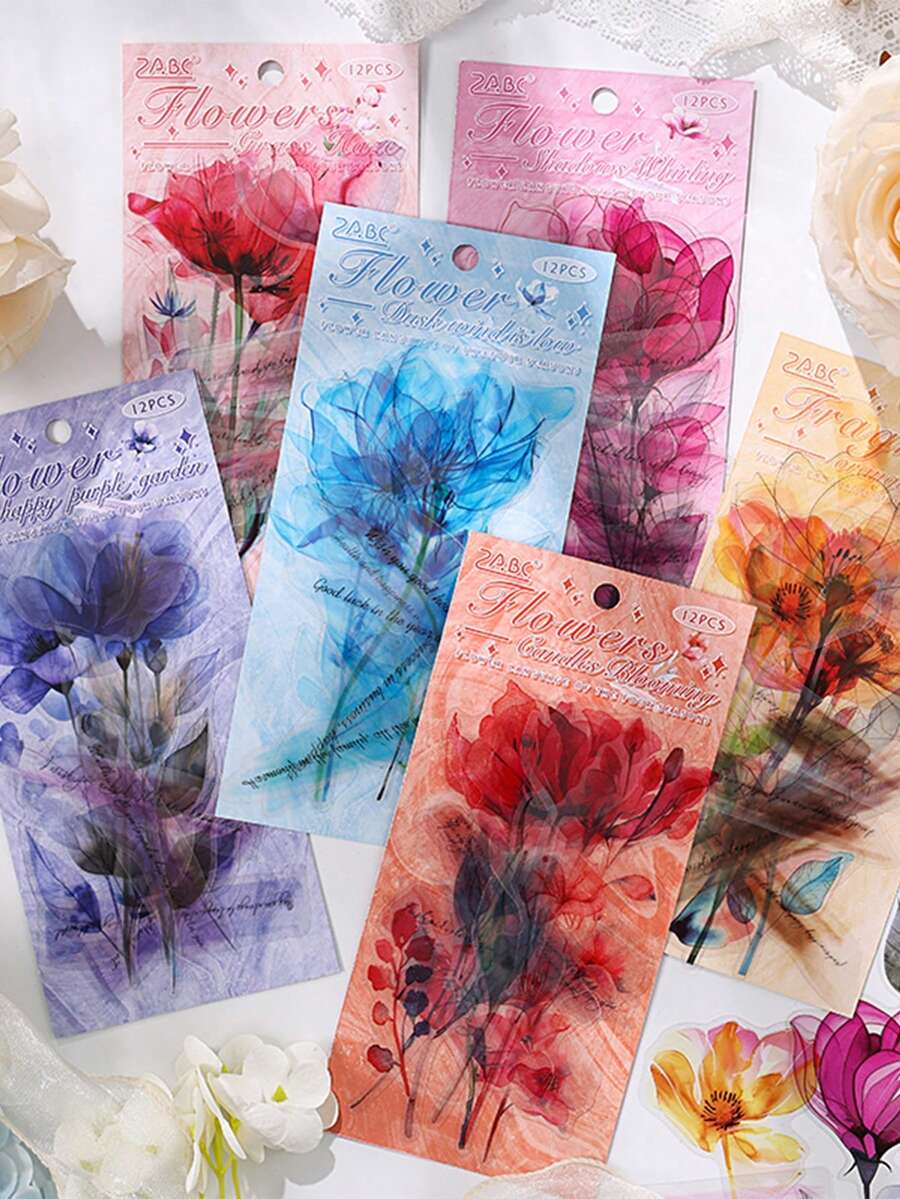 12 Sheets/Pack, Fashion Floral Pattern Stickers, Simple Design PET Waterproof Transparent Stickers, Suitable For DIY Diary Decoration Scrapbook Decoration - Beautiful Stickers That Can Be Used As Bookmarks, Handbook Gifts For Friends