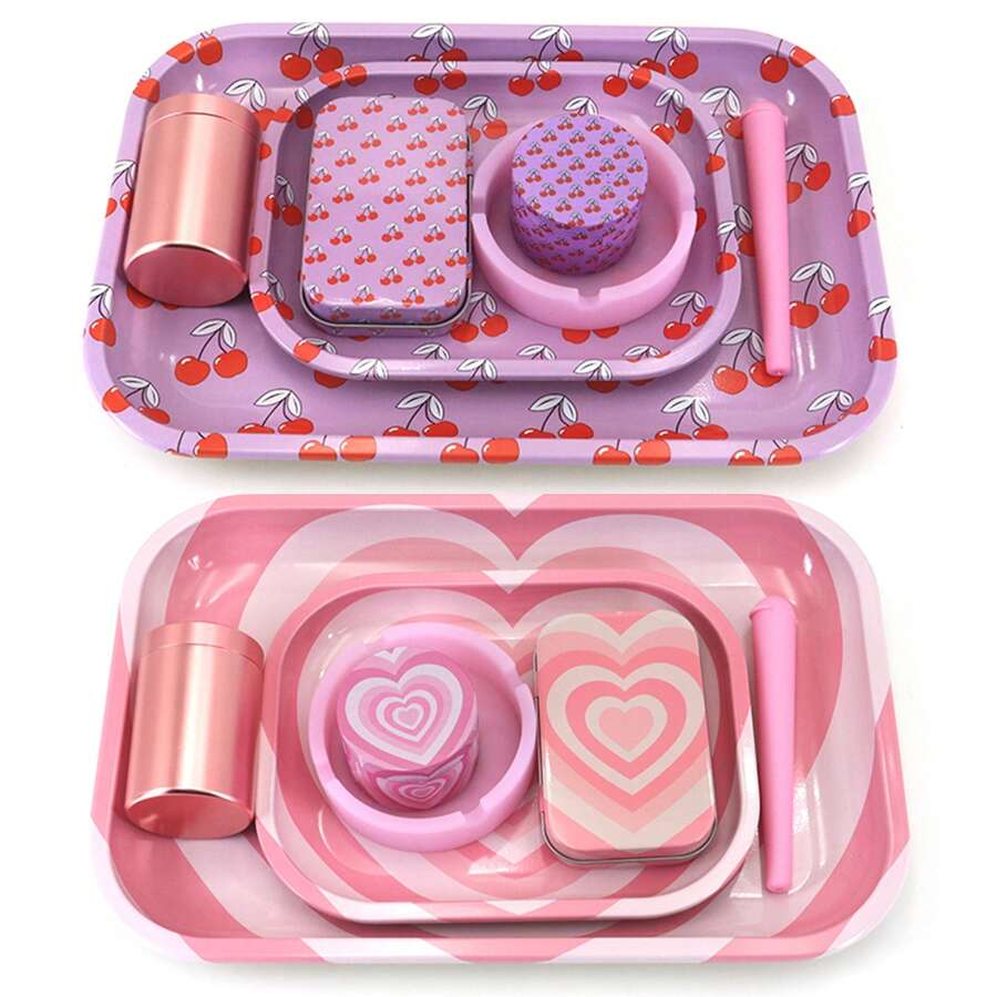 7pcs/Set, Rolling Tray Set With Grinder,Including Large And Small Trays, Storage Boxes, Cigarette Storage Jars, Ashtrays, Storage Tubes, Party, Holiday And Birthday Gift, Father's Day Gift. - 櫻桃 - 查看 1