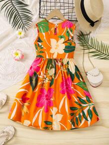 Girls' Soft & Comfortable Loose Fit Printed Sleeveless Dress, Fashionable & Minimalist, Summer - Coral Orange - View 2
