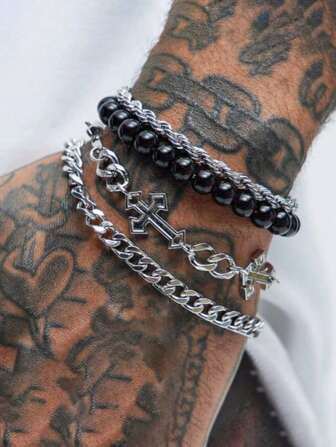 4 Stylish And Simple All-Match Stainless Steel Twisted Hollow Cross Beaded Bracelet Sets Suitable For Men To Wear Daily When Going Out As Gifts For Friends, Family And Boyfriends. Christmas And Valentine's Day Gifts For All Seasons And Can Be Worn All Year Round,Mom,Mother,Mother's Day,Gift