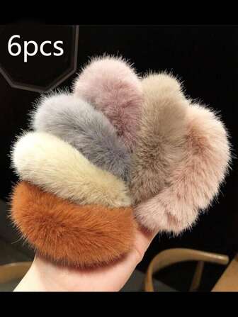 6个毛绒发圈，毛茸茸的毛球发绳，腕带式发圈，马尾辫发圈，女士发饰，多巴胺发圈，休闲化妆居家健身女士配饰