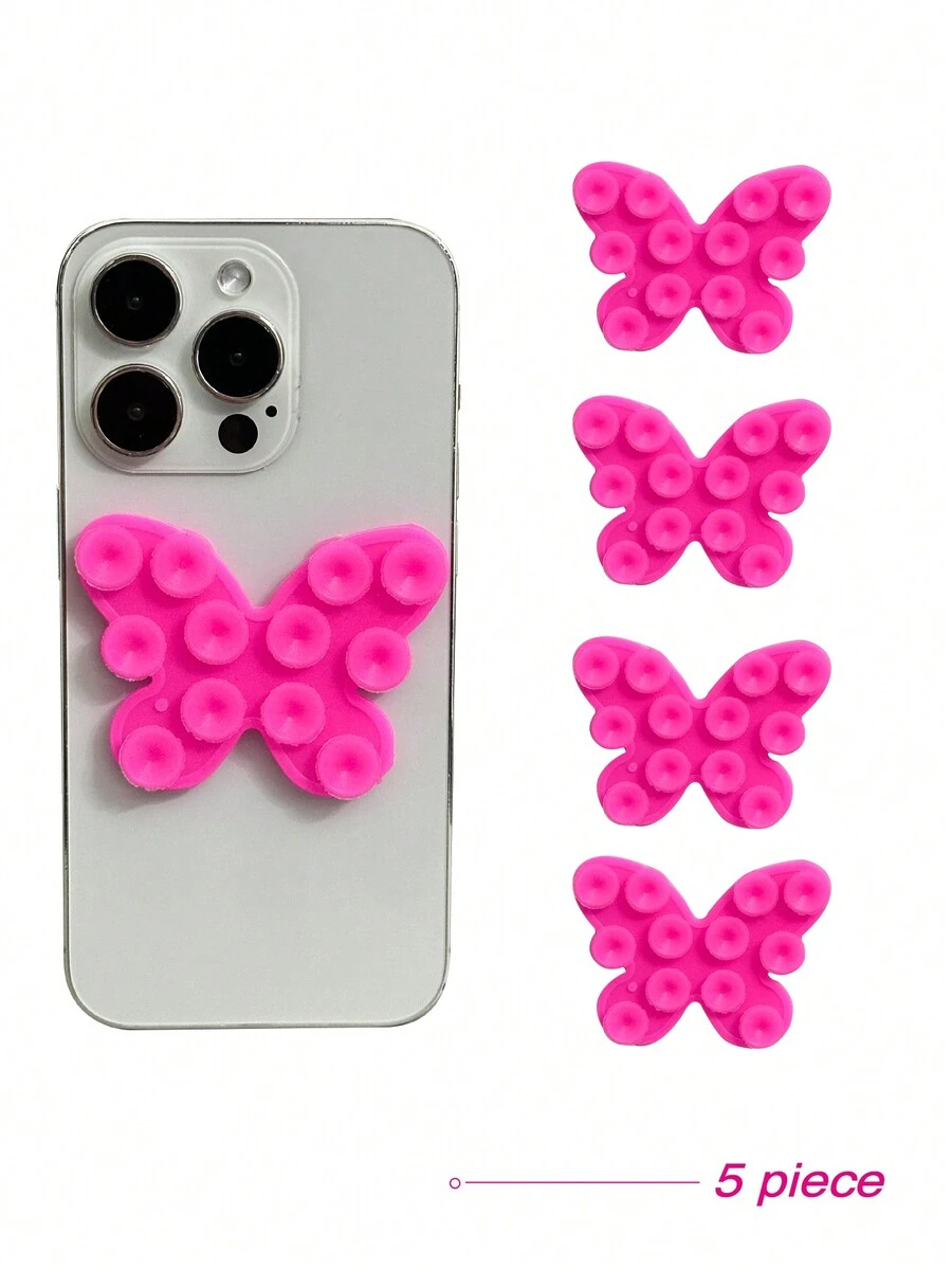 5 件装通用手机壳，带蝴蝶双面吸盘 - 免提便利，12 个强力吸盘，适用于镜子/窗户支架，完美适合大多数智能手机 - 玫紅色 - 查看 1