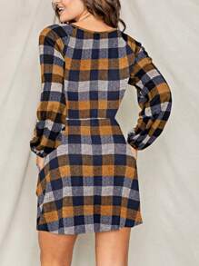 Boho Retro 70's 90's Vintage Black Black Olive Mocha Pink Mint Knit Brushed Ruffle Tiered Color Block Stripe Tunic Dress - 芥末黃 - 查看 2