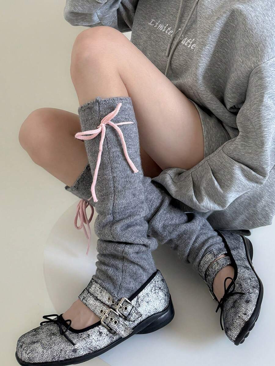 1 双女式蝴蝶结护腿套，宽松针织护腿套，韩版 - 彩色 - 查看 1