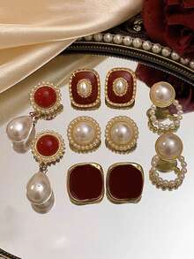 5 件/套简约百搭珍珠戒指优雅耳钉套装 - 套裝A款 - 查看 1
