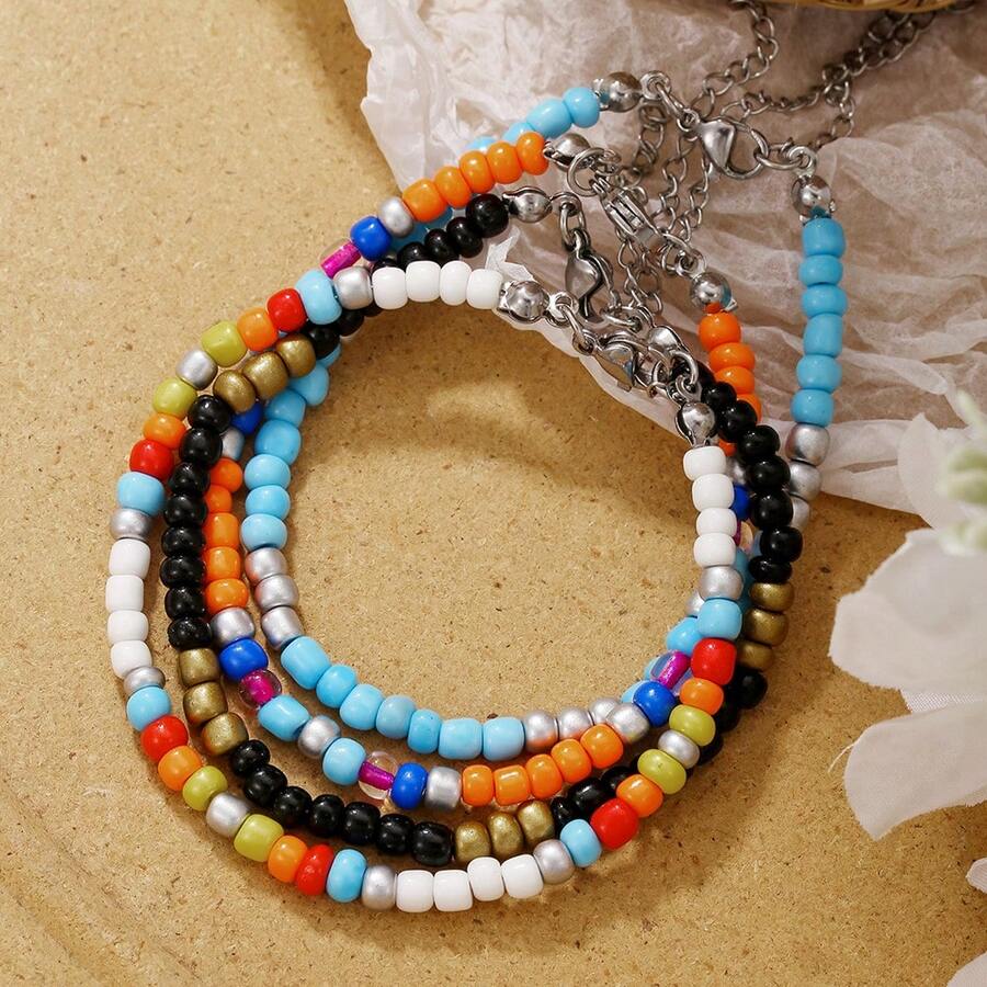 4 件波西米亚风格多色混合串珠编织手链，适合女士日常佩戴 - 米珠手鍊4件套 - 查看 1