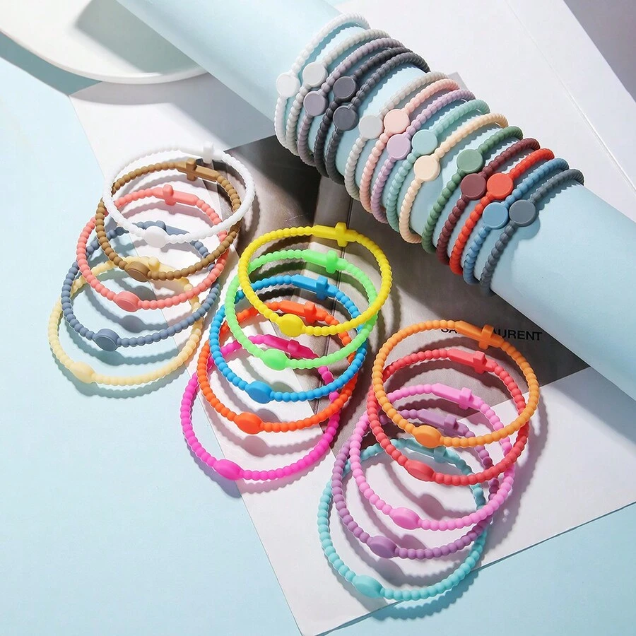 Bộ 5 chiếc/Bộ Vòng tay silicon nhiều lớp hình chữ thập màu Macaron, Vòng đeo tay sáng tạo cá nhân hóa cho trẻ em và người lớn, Màu ngẫu nhiên, Quà tặng Giáng sinh, Năm mới, Ngày lễ tình nhân - Nhiều màu - Xem 1