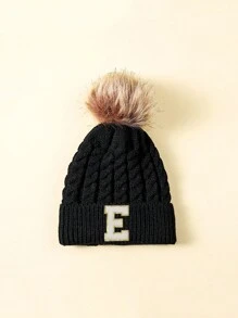 1 件儿童字母设计冬季毛绒球帽 - 黑色 - 查看 7