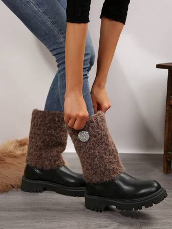 Women's Thermal Lined Mid-Calf Snow Boots, Thick Sole Solid Color Winter Anti-Skid