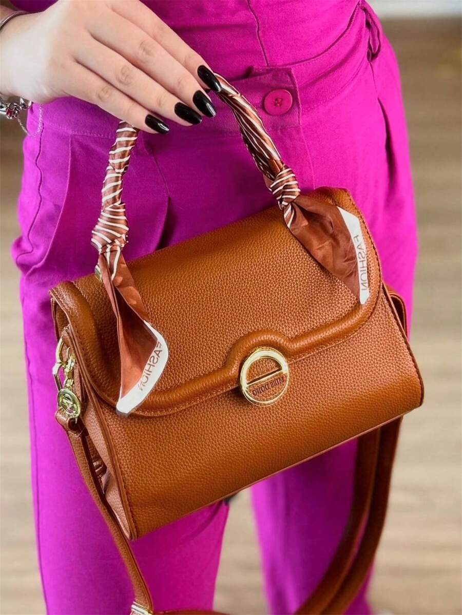 Women's Square Crossbody Shoulder Portable Crossbody Bag With Scarf - 摩卡棕 - 查看 1