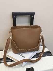 1 pieza Bolso de mano vintage de estilo minimalista y chic de unicolor, con cremallera y diseño de balde, adecuado para uso diario