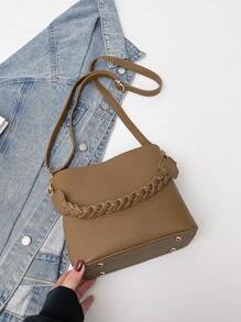 1 pieza Bolso de mano vintage de estilo minimalista y chic de unicolor, con cremallera y diseño de balde, adecuado para uso diario
