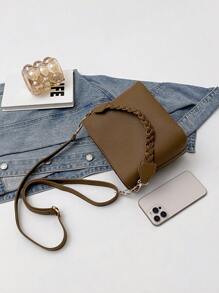 1 pieza Bolso de mano vintage de estilo minimalista y chic de unicolor, con cremallera y diseño de balde, adecuado para uso diario