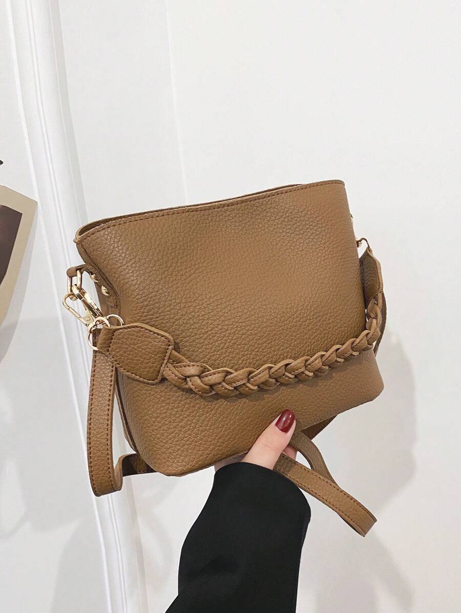 1 pieza Bolso de mano vintage de estilo minimalista y chic de unicolor, con cremallera y diseño de balde, adecuado para uso diario