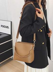 1 pieza Bolso de mano vintage de estilo minimalista y chic de unicolor, con cremallera y diseño de balde, adecuado para uso diario