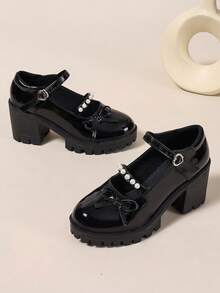 女士时尚加大码黑色皮革洛丽塔玛丽珍鞋乐福鞋一脚蹬高跟鞋（颜色随机） - 黑色 - 查看 2