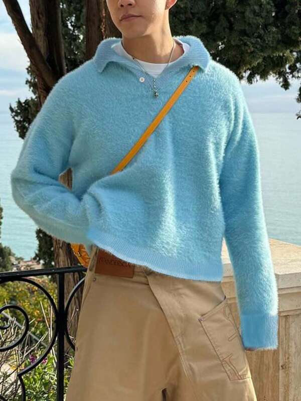 Men's Casual Loose Fit Pullover Sweater, Ribbed Collar Button Closure, Colorblock Hem, Long Sleeve, Warm And Versatile, Suitable For Spring, Autumn, Winter