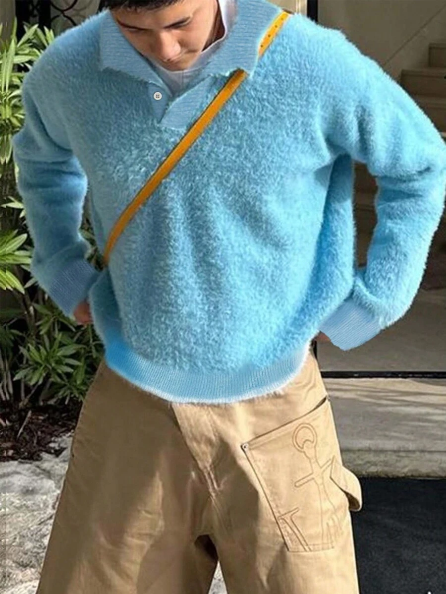 ANDREILEE Men's Spring Autumn Winter College Style Street Fashion Personalized Turn-Down Collar Button Long Sleeve Sweater With Colorblock Hem Casual Loose Warm Versatile Drop Shoulder Knit Pullover Top - Blue - View 1