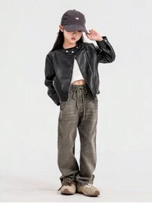 1 件女童休闲立领摩托车皮夹克，带拉链，适合秋季 - 黑色 - 查看 2