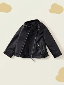 1 件女童休闲立领摩托车皮夹克，带拉链，适合秋季 - 黑色 - 查看 4