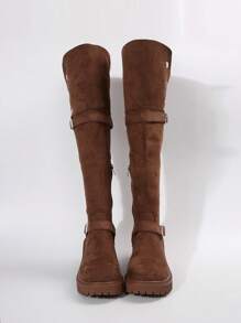 Giày bốt cao đến đùi đế dày có thể gấp lại thời trang dành cho nữ, mùa thu/đông mới, giày bốt cao đến đầu gối có gót dày - màu nâu - Xem 5