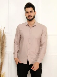 Microlight Long Sleeve Slim Fit Dress Shirt, Wrinkle Free, Ironed, Factory Ironed - 卡其色 - 查看 1