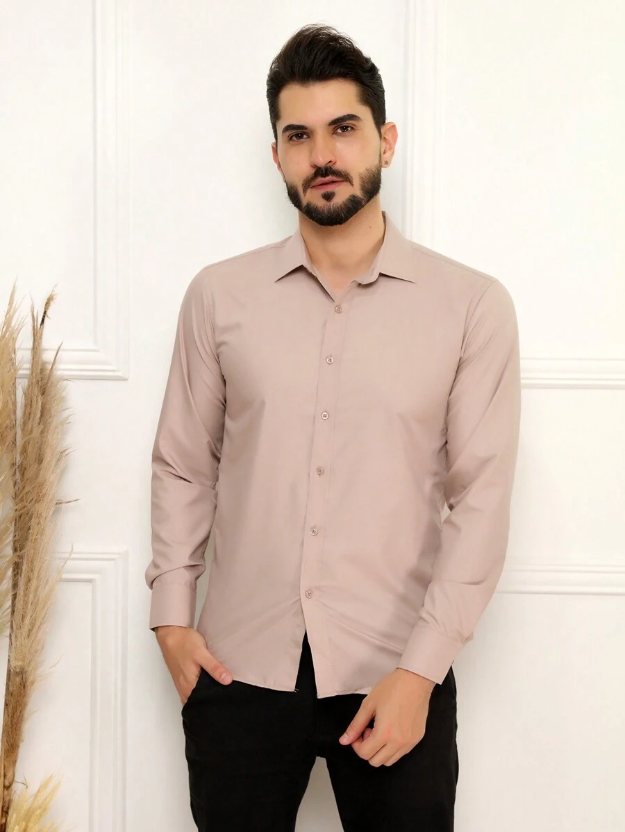 Microlight Long Sleeve Slim Fit Dress Shirt, Wrinkle Free, Ironed, Factory Ironed - 卡其色 - 查看 1