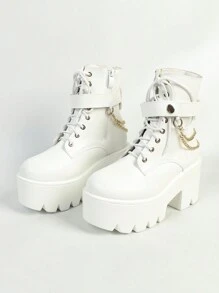 全新欧式女靴粗跟厚底踝靴防水中筒靴秋冬季系带白色黑色西式靴 - 白色 - 查看 6