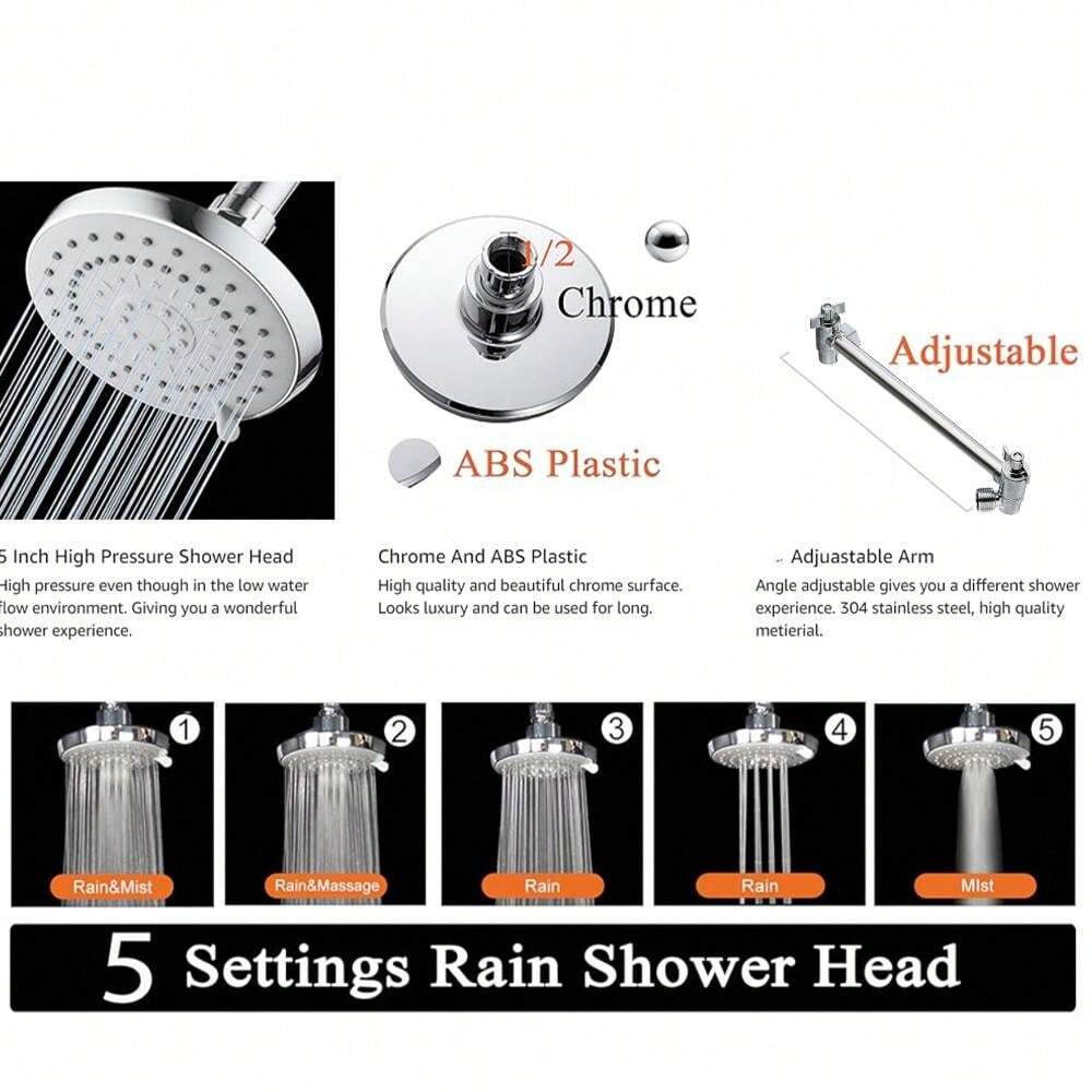 Shower Head, 5 Inch High Pressure Rainfall Shower Head Combo With 10
