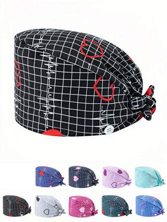 1pc Women Polyester Material Double Heart Graphic Nurse Cap, Anti-Bacterial & Dust-Proof, Elastic Strap & Drawstring Design, Sweatband Lining, Mask Hanging Hook, Suitable For Doctors, Nurses, Beauty Salons, Veterinary Clinics And Household Cleaners Valentine's Day