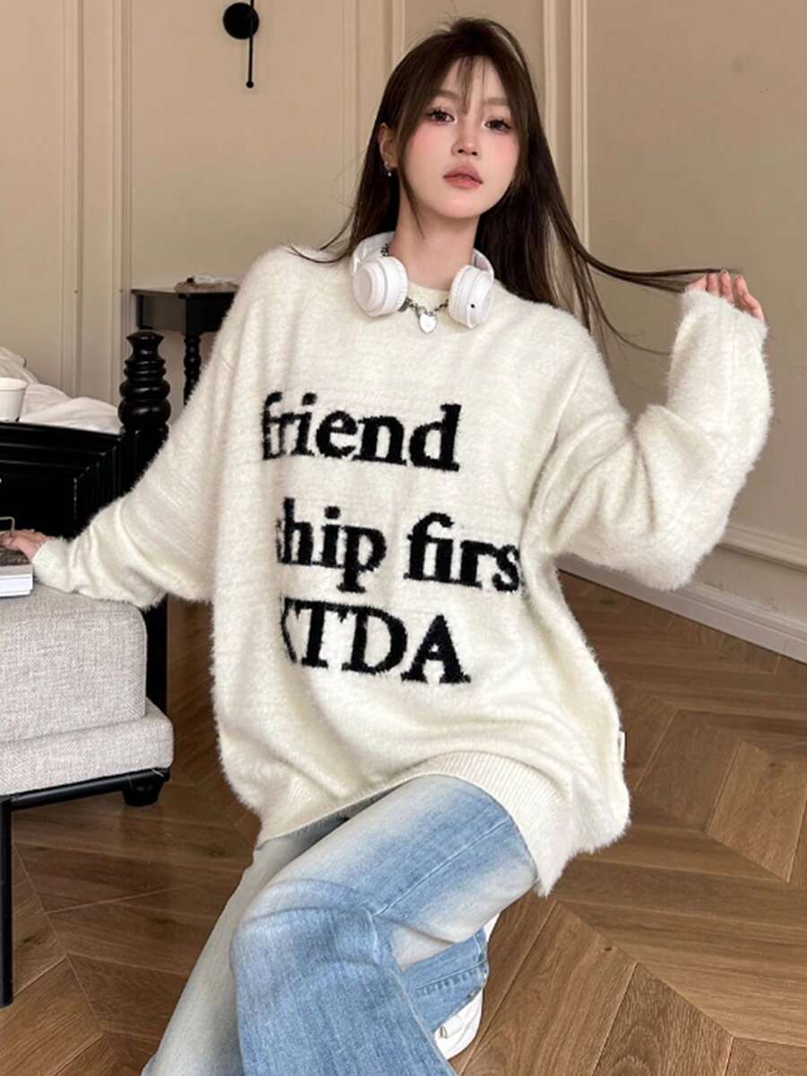 女士轻柔日常字母徽标提花针织圆领马海毛套头衫 - 白色 - 查看 1