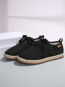 Zapatos planos casuales de estilo nuevo para mujer con puntera redonda, de lino y cuerda, de tipo slip-on - Negro - Ver 4