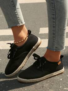 Zapatos planos casuales de estilo nuevo para mujer con puntera redonda, de lino y cuerda, de tipo slip-on - Negro - Ver 9
