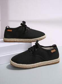 Zapatos planos casuales de estilo nuevo para mujer con puntera redonda, de lino y cuerda, de tipo slip-on - Negro - Ver 2
