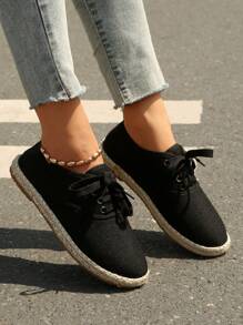 Zapatos planos casuales de estilo nuevo para mujer con puntera redonda, de lino y cuerda, de tipo slip-on - Negro - Ver 8