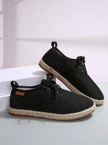Zapatos planos casuales de estilo nuevo para mujer con puntera redonda, de lino y cuerda, de tipo slip-on - Negro - Ver 3