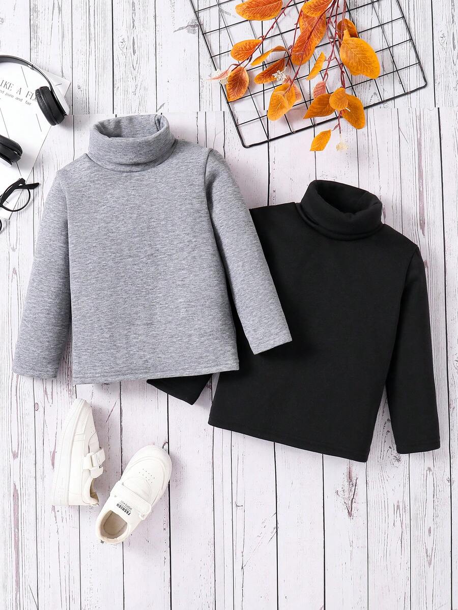 2 piezas Camiseta de manga larga con cuello llano para niños, uso diario casual y versátil, otoño/invierno - Multicolor - Ver 1