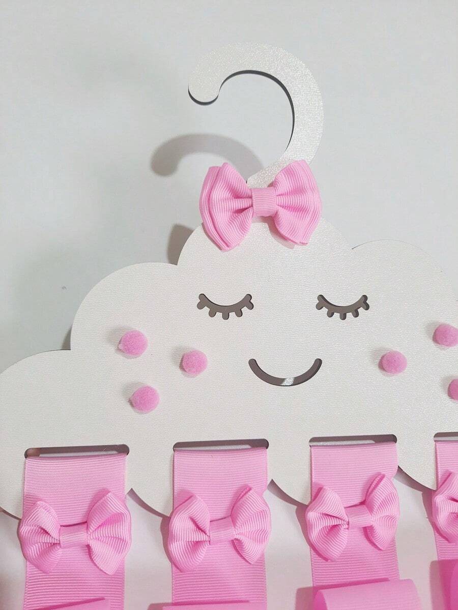 Children's Bow Organizer, Colorful MDF Cloud Bow Holder, Girl's Hanger Decorated With Pompom. - 粉色 - 查看 1