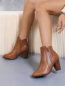 Women's Brown High Heel Boots/Ankle Boots/ Boots, Double Zipper Design Lace Trim, Solid Color High Heels, Motorcycle Boots With Vintage British Style Chunky Heel, Comfortable Fabric Ankle Boots For Autumn/Winter