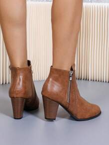 Women's Brown High Heel Boots/Ankle Boots/ Boots, Double Zipper Design Lace Trim, Solid Color High Heels, Motorcycle Boots With Vintage British Style Chunky Heel, Comfortable Fabric Ankle Boots For Autumn/Winter