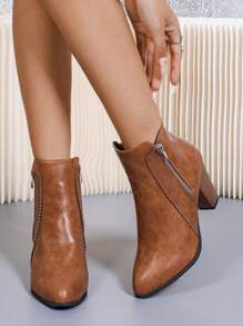 Women's Brown High Heel Boots/Ankle Boots/ Boots, Double Zipper Design Lace Trim, Solid Color High Heels, Motorcycle Boots With Vintage British Style Chunky Heel, Comfortable Fabric Ankle Boots For Autumn/Winter