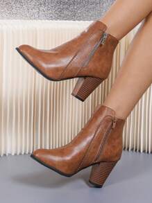 Women's Brown High Heel Boots/Ankle Boots/ Boots, Double Zipper Design Lace Trim, Solid Color High Heels, Motorcycle Boots With Vintage British Style Chunky Heel, Comfortable Fabric Ankle Boots For Autumn/Winter