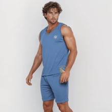 Men's Pajamas Summer Tank Top Comfortable Sleep Shorts With Shorts Men's Set Men's Shirt Summer Set Nightwear - Màu xanh lam - Xem 7