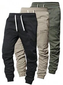 Pantalones cargo holgados de hombre unicolor con múltiples bolsillos, pantalones deportivos con cordón para uso en exteriores